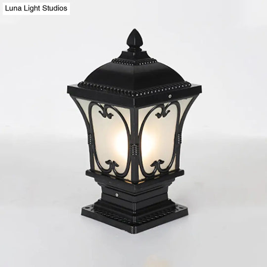 Rustic Square Pillar Lamp - 1-Light Frost Glass Post Lighting Fixture For Courtyard