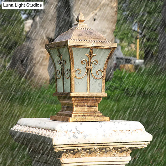 Rustic Square Pillar Lamp - 1-Light Frost Glass Post Lighting Fixture For Courtyard