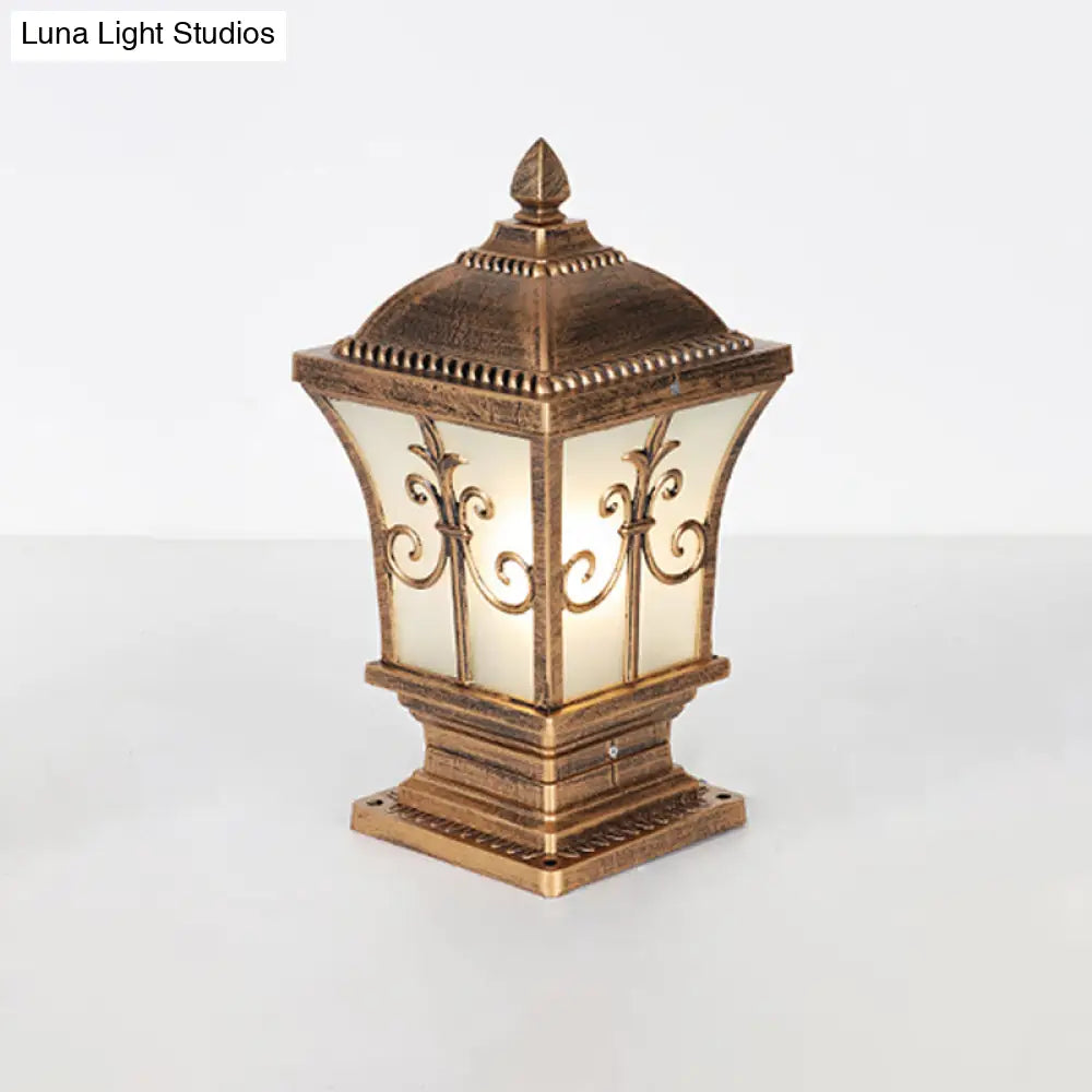 Rustic Square Pillar Lamp - 1-Light Frost Glass Post Lighting Fixture For Courtyard