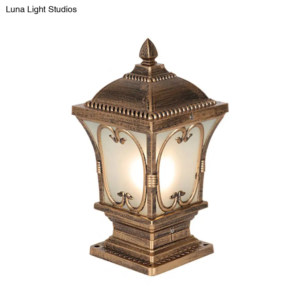 Rustic Square Pillar Lamp - 1-Light Frost Glass Post Lighting Fixture For Courtyard