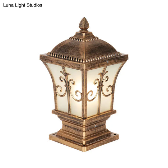 Rustic Square Pillar Lamp - 1-Light Frost Glass Post Lighting Fixture For Courtyard