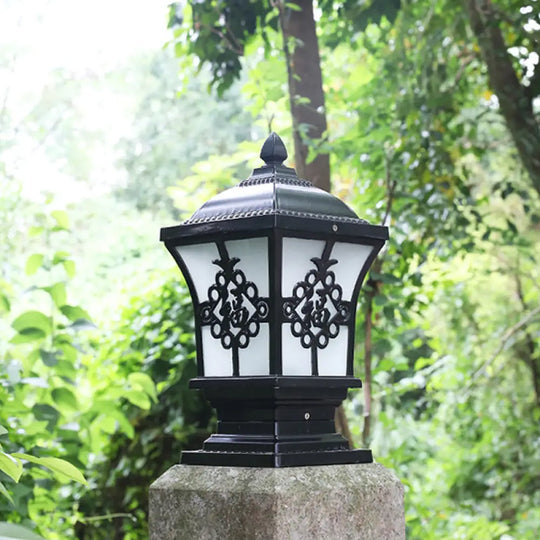 Rustic Square Pillar Lamp - 1-Light Frost Glass Post Lighting Fixture For Courtyard Black / 6 B