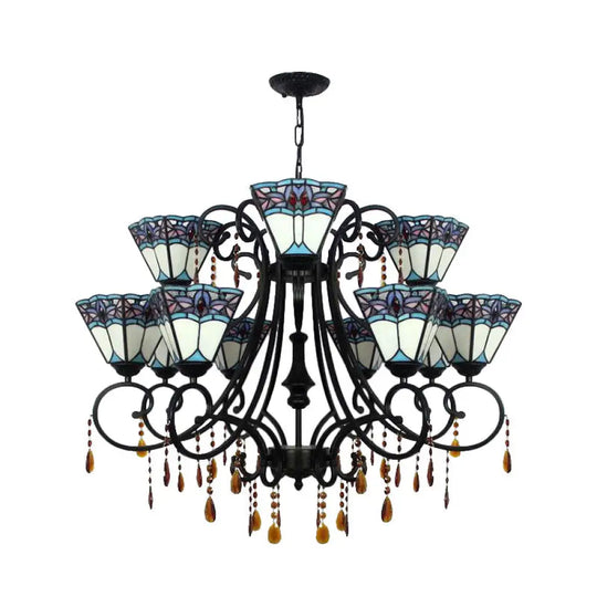 Rustic Stained Glass 11-Light Chandelier With Crystal For Stairway