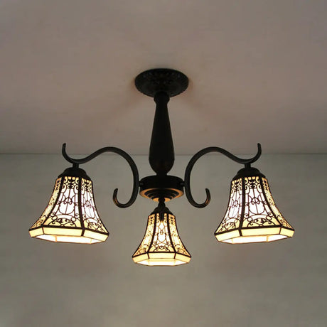 Rustic Stained Glass Ceiling Light Fixture With Geometric Semi Flush Design – 3 Heads