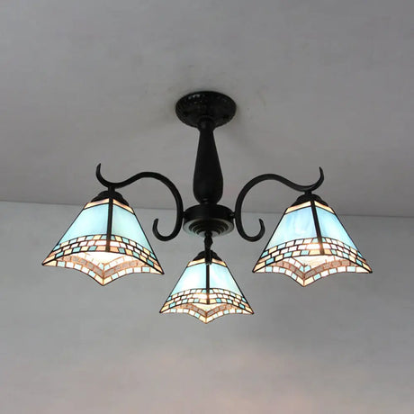 Rustic Stained Glass Ceiling Light Fixture With Geometric Semi Flush Design – 3 Heads