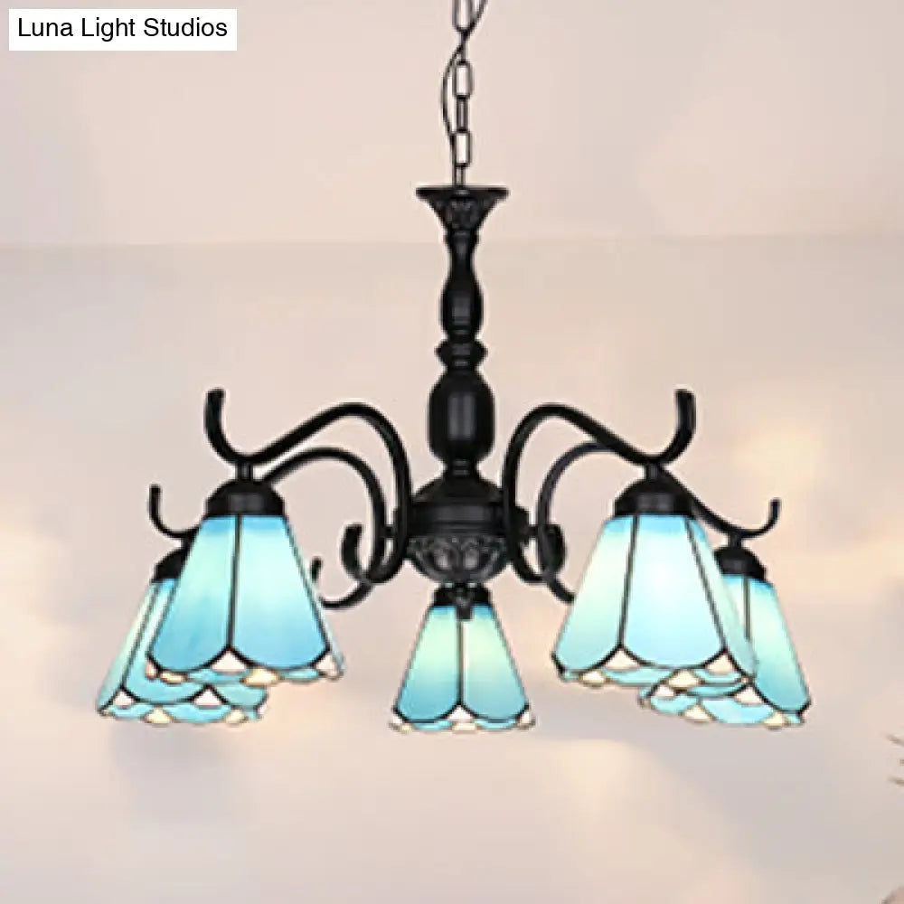 Rustic Stained Glass Chandelier With 5 Lights & Chain – Perfect For Living Room Ceiling Blue