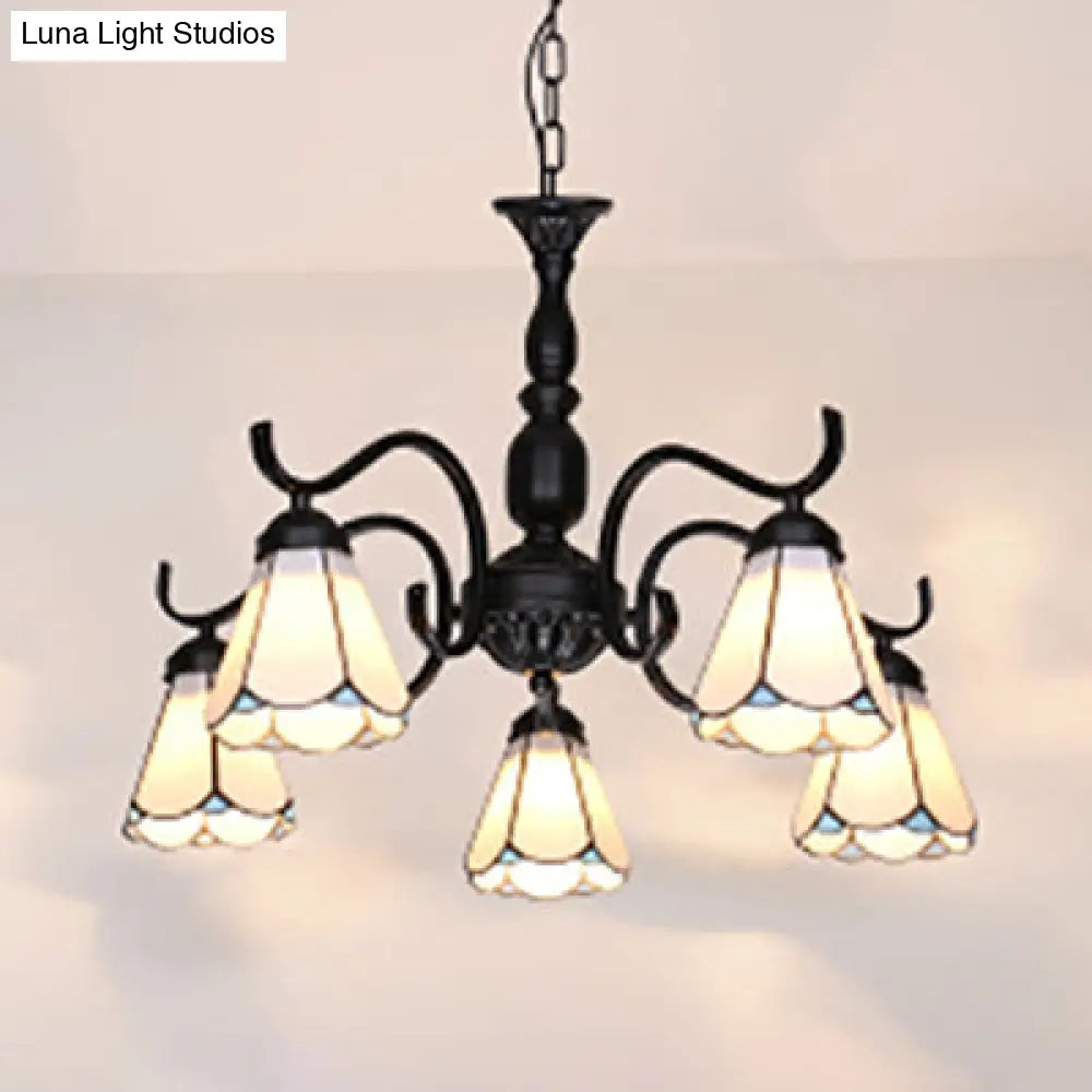 Rustic Stained Glass Chandelier With 5 Lights & Chain – Perfect For Living Room Ceiling White