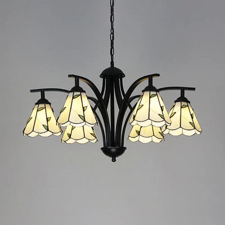 Rustic Stained Glass Chandelier With Leaf Design In Green/Blue - 6 Light Cone Hanging Fixture Black