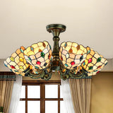 Rustic Stained Glass Chandelier With Multi-Light Suspension & Bronze Accents / Up Peacock Tail