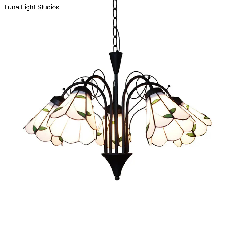 Rustic Stained Glass Leaf Chandelier With Metal Chain - 5 Light Pendant For Bedroom In Beige