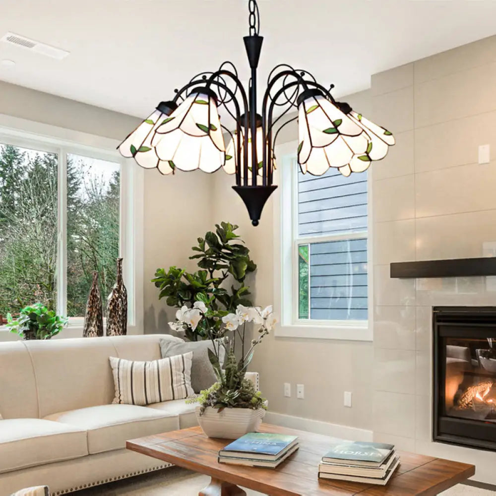 Rustic Stained Glass Leaf Chandelier With Metal Chain - 5 Light Pendant For Bedroom In Beige