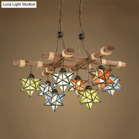 Rustic Stained Glass Loft Star Pendant Chandelier - 6/8 Lights Ideal For Restaurants