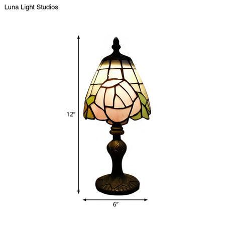 Rustic Stained Glass Rose Table Lamp - White & Pink Bedside Accent