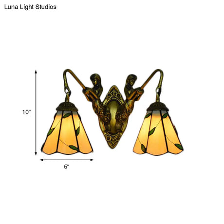 Rustic Stained Glass Sconce Lighting With Leaf Wall Mount - Perfect For Bedroom