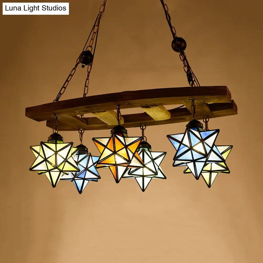 Rustic Loft Hanging Pendant Light - Multi Color Stained Glass Chandelier With 6 Lights For Bars