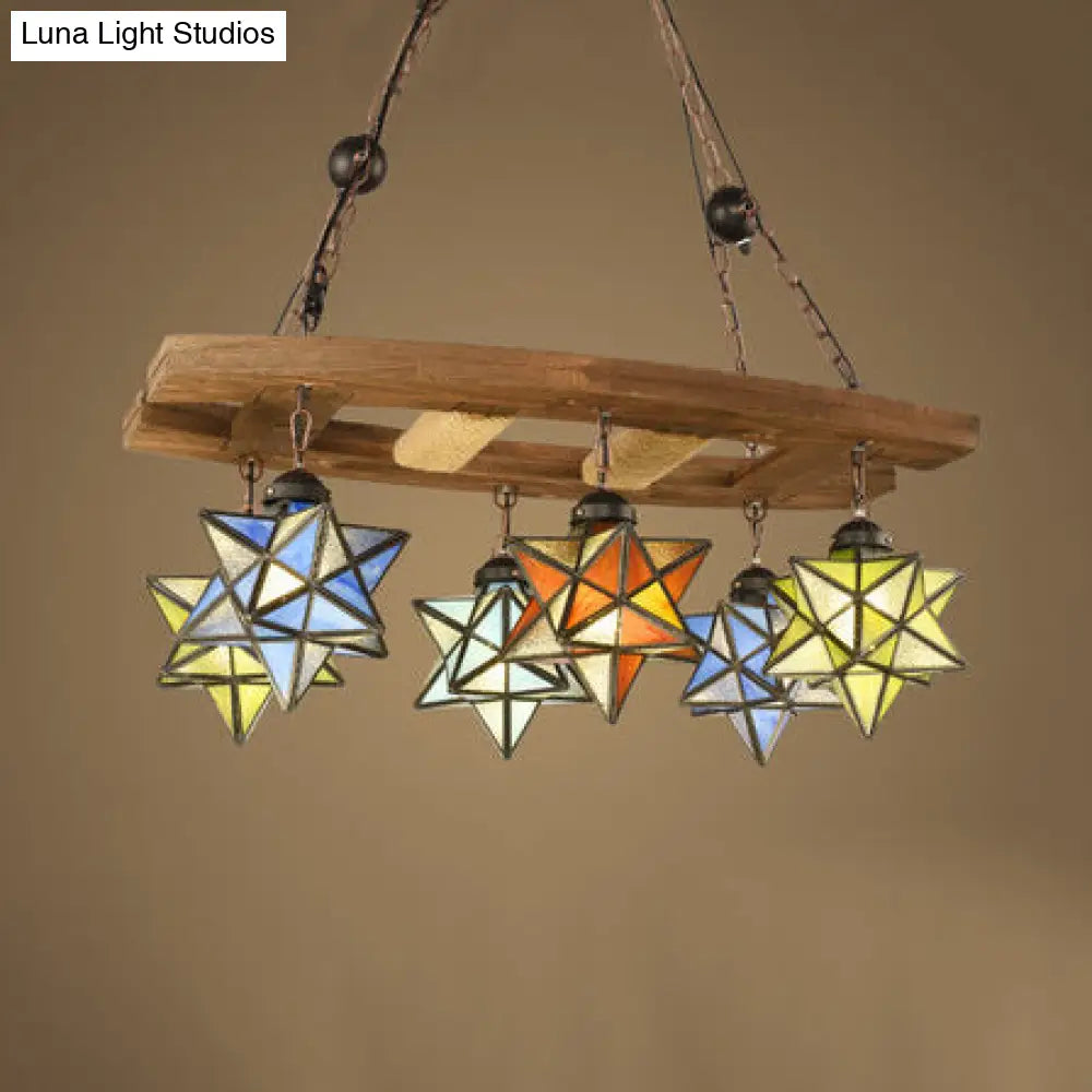 Rustic Loft Hanging Pendant Light - Multi Color Stained Glass Chandelier With 6 Lights For Bars