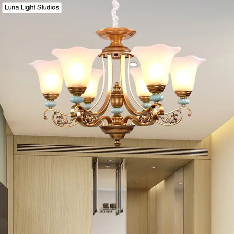 Rustic Style Gold Milky Glass Ceiling Chandelier With Suspended Lighting Pendant - 3/6/8 Heads