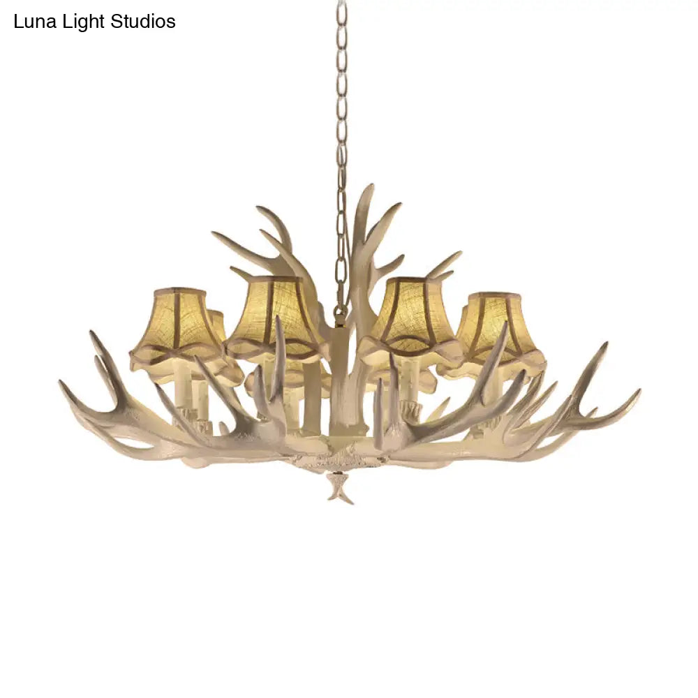 Rustic Style Resin Chandelier With 8 Heads White Cone Shade And Antler Detail - Living Room Pendant