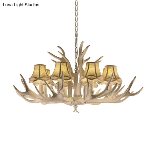 Rustic Style Resin Chandelier With 8 Heads White Cone Shade And Antler Detail - Living Room Pendant