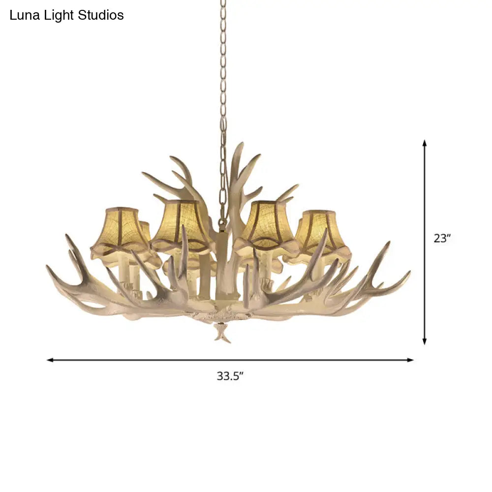 Rustic Style Resin Chandelier With 8 Heads White Cone Shade And Antler Detail - Living Room Pendant