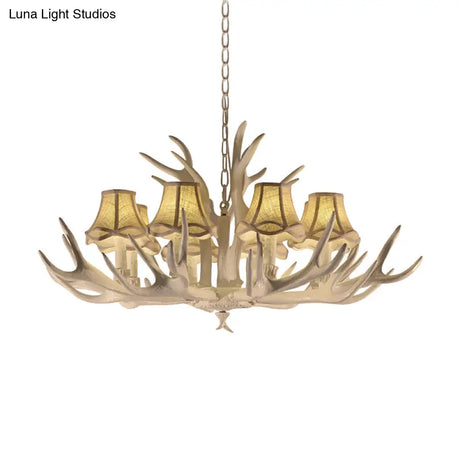 Rustic Style Resin Chandelier With 8 Heads White Cone Shade And Antler Detail - Living Room Pendant
