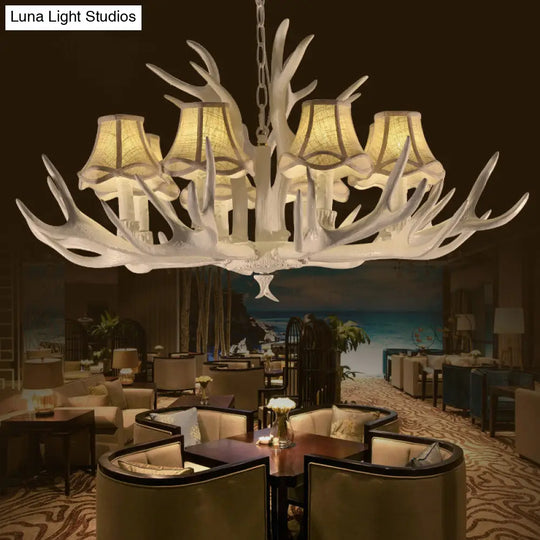 Rustic Style Resin Chandelier With 8 Heads White Cone Shade And Antler Detail - Living Room Pendant