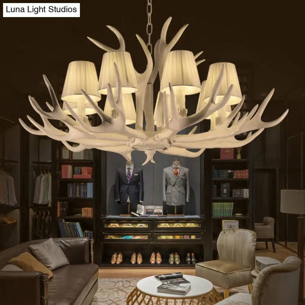 Rustic Style Resin Chandelier With 8 Heads White Cone Shade And Antler Detail - Living Room Pendant