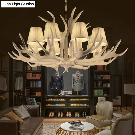 Rustic Style Resin Chandelier With 8 Heads White Cone Shade And Antler Detail - Living Room Pendant