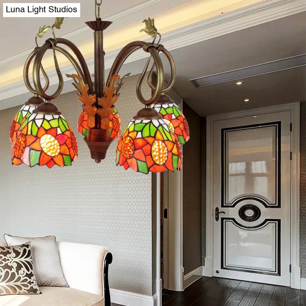Rustic Sunflower Pendant Light With Adjustable 5 Lights And Metal Chain