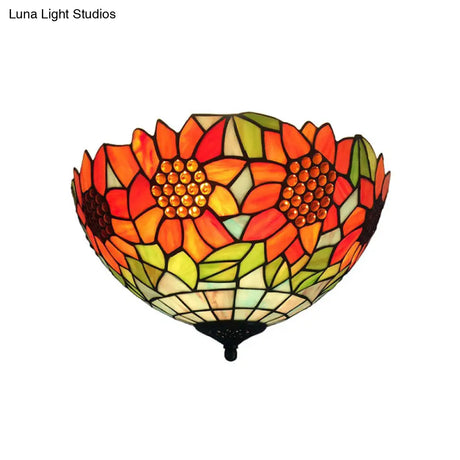 Rustic Sunflower Stained Glass Flush Mount Light In Orange For Dining Room