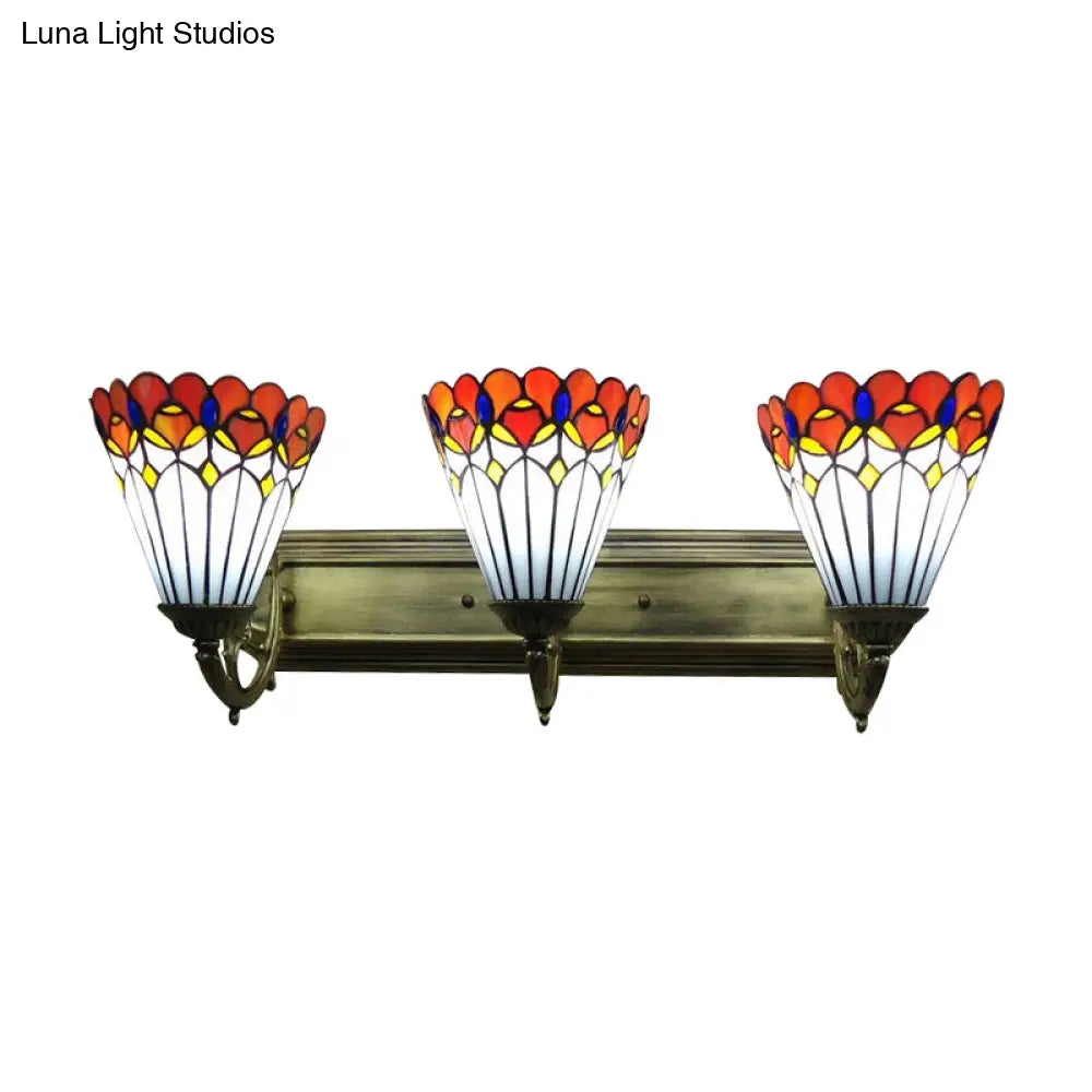 Rustic Tiffany Peacock Wall Light - Stained Glass 3-Bulb Orange Lamp For Dining Room