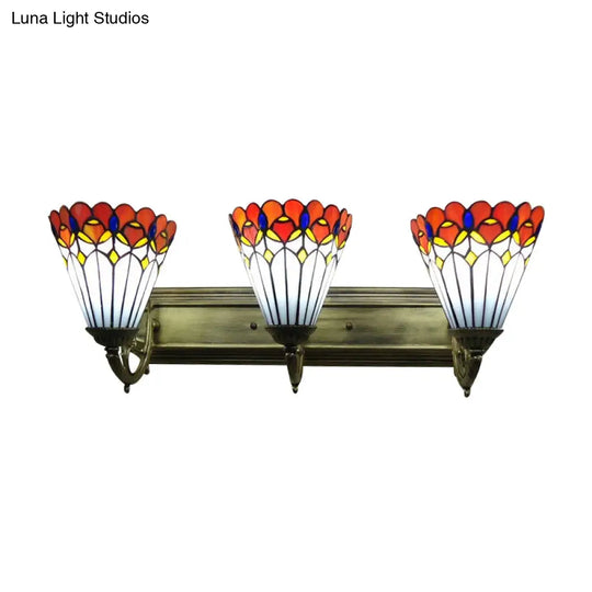 Rustic Tiffany Peacock Wall Light - Stained Glass 3-Bulb Orange Lamp For Dining Room