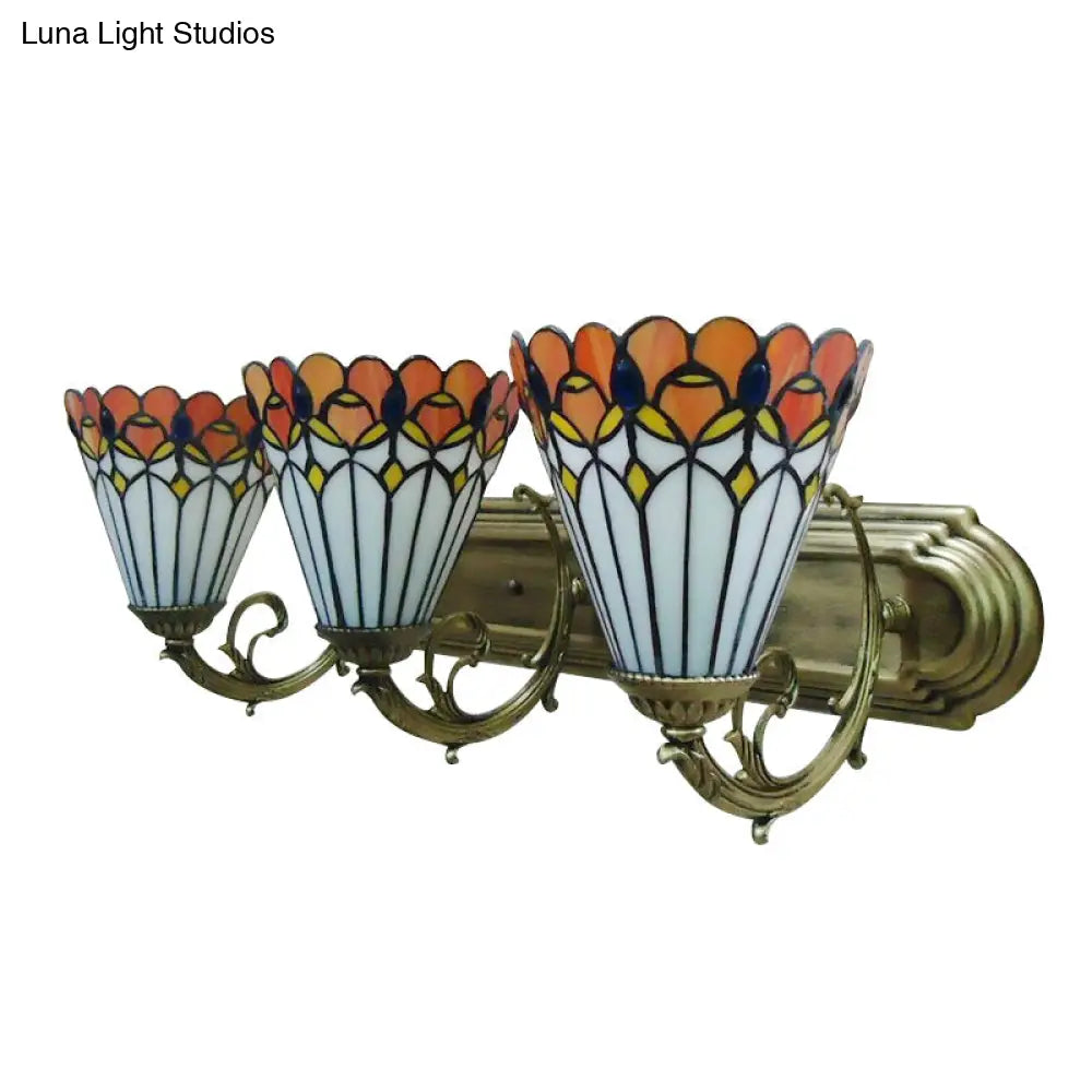 Rustic Tiffany Peacock Wall Light - Stained Glass 3-Bulb Orange Lamp For Dining Room