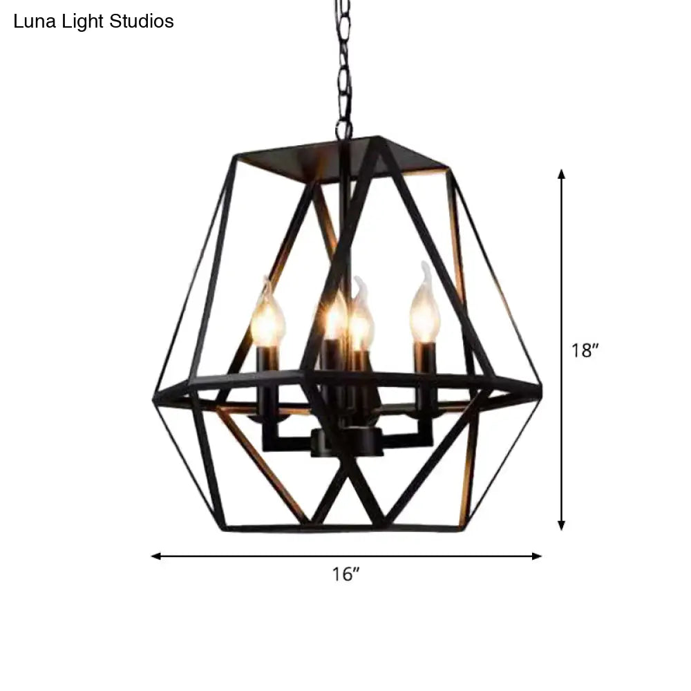 Rustic Trapezoid Cage Chandelier Pendant With 4 Bulb Black Iron Hanging Light