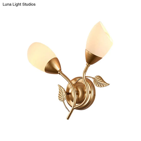 Rustic Tulip Wall Sconce Light With 2 Opal Frosted Glass Bulbs - Black/Gold Bedroom Lamp
