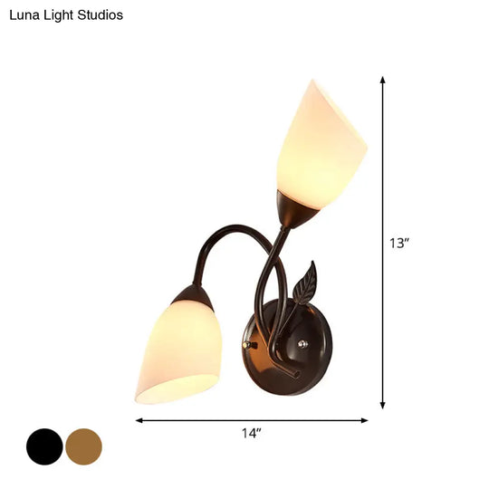 Rustic Tulip Wall Sconce Light With 2 Opal Frosted Glass Bulbs - Black/Gold Bedroom Lamp