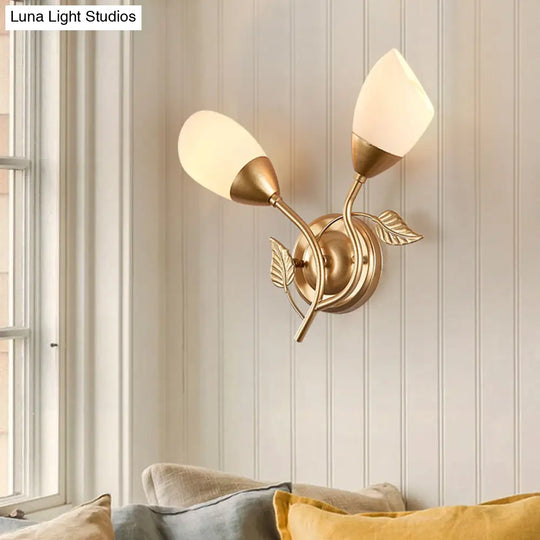 Rustic Tulip Wall Sconce Light With 2 Opal Frosted Glass Bulbs - Black/Gold Bedroom Lamp