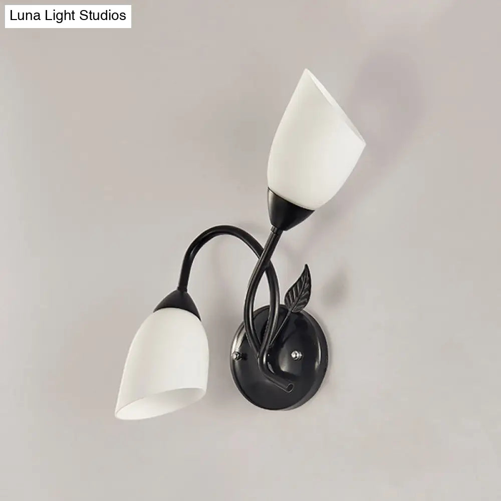 Rustic Tulip Wall Sconce Light With 2 Opal Frosted Glass Bulbs - Black/Gold Bedroom Lamp