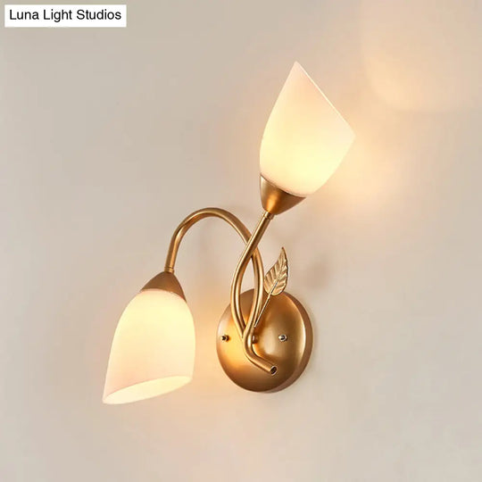 Rustic Tulip Wall Sconce Light With 2 Opal Frosted Glass Bulbs - Black/Gold Bedroom Lamp