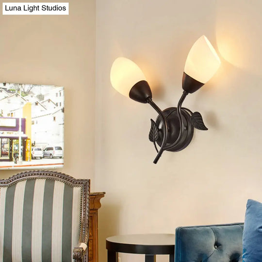 Rustic Tulip Wall Sconce Light With 2 Opal Frosted Glass Bulbs - Black/Gold Bedroom Lamp
