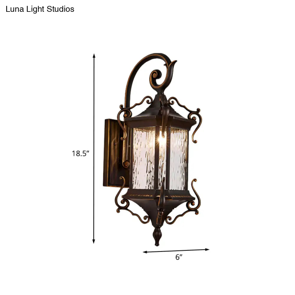 Rustic Water Glass Wall Sconce With Metal Scrolled Arm Single Bulb Coffee Lantern