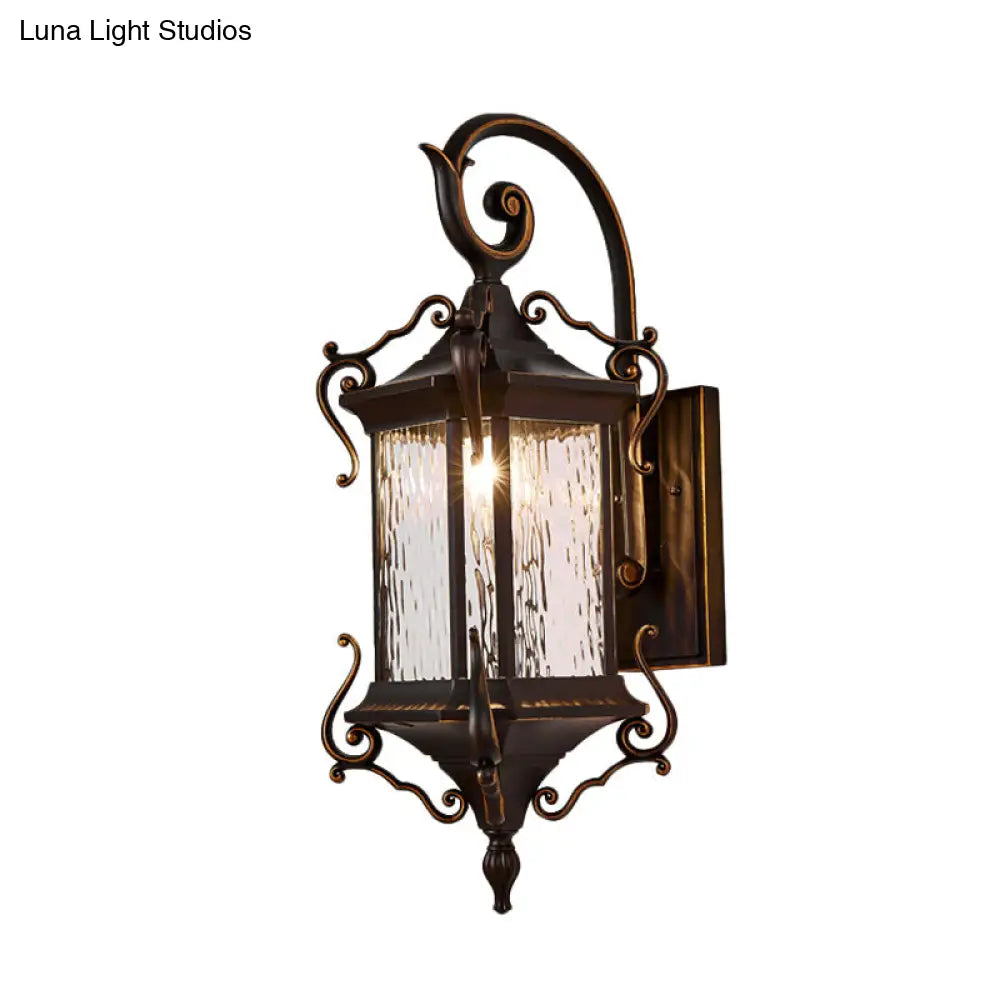 Rustic Water Glass Wall Sconce With Metal Scrolled Arm Single Bulb Coffee Lantern
