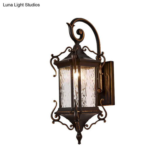 Rustic Water Glass Wall Sconce With Metal Scrolled Arm Single Bulb Coffee Lantern