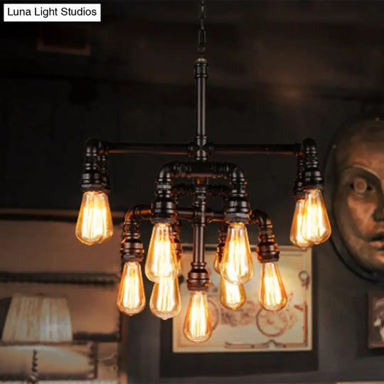 Rustic Water Pipe Iron Chandelier With 13 Lights In Black