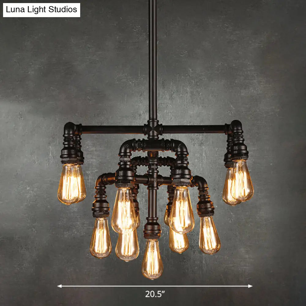 Rustic Water Pipe Iron Chandelier - 13 Heads Ceiling Light In Black