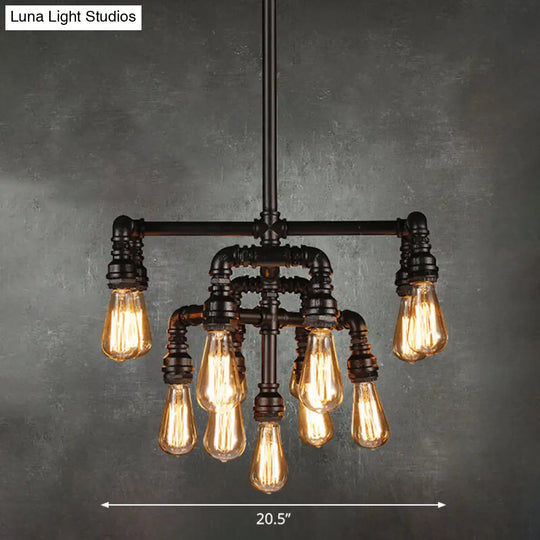 Rustic Water Pipe Iron Chandelier - 13 Heads Ceiling Light In Black