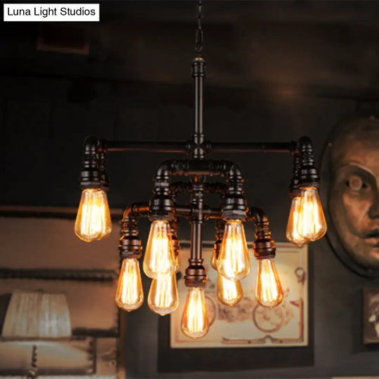 Rustic Water Pipe Iron Chandelier - 13 Heads Ceiling Light In Black