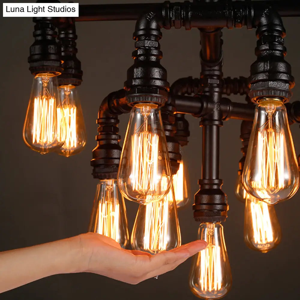 Rustic Water Pipe Iron Chandelier With 13 Lights In Black