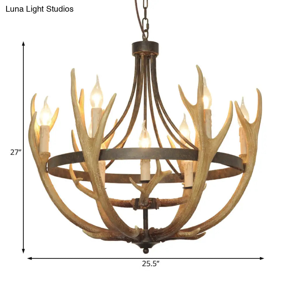 Rustic Wheel Resin Pendant Chandelier With Elk Deco - 6/9 Lights Brown Perfect For Dining Room
