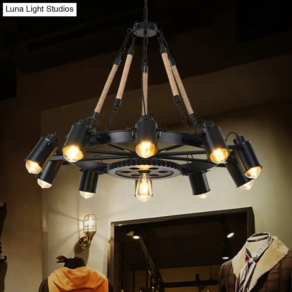 Black Rustic Wheel Suspension Iron Chandelier With Hemp Rope Decor